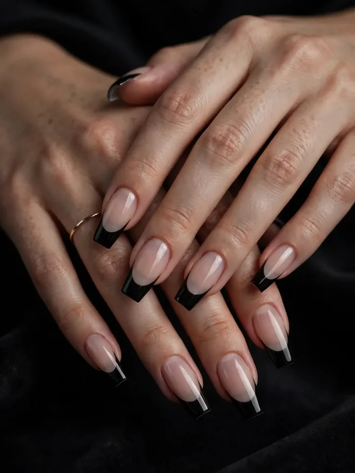 Black French tip wedding nails with glossy black tips on nude base