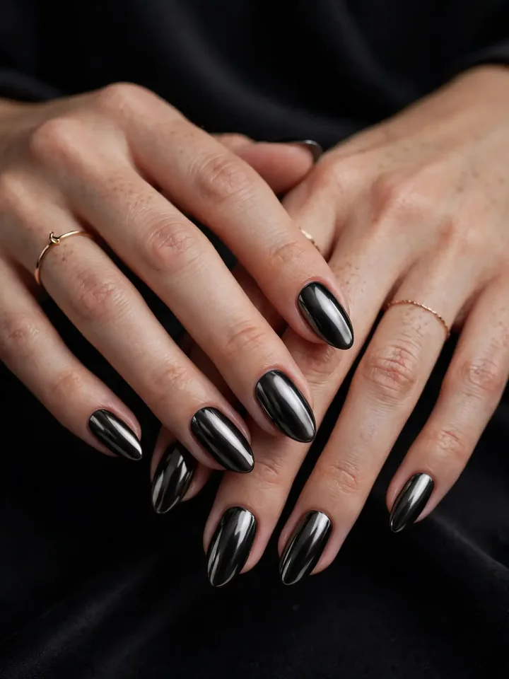 Black chrome wedding nails with mirror-like metallic shine