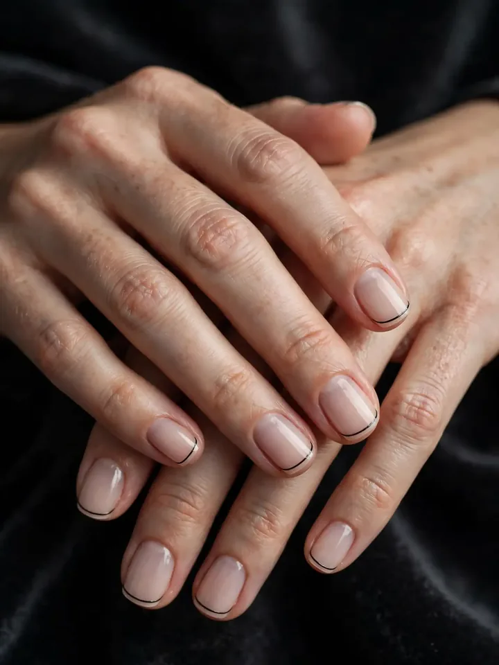 Minimalist black micro-French wedding nails with thin black edge line