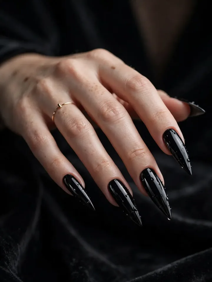 Glossy jet black stiletto black wedding nails with high-shine finish