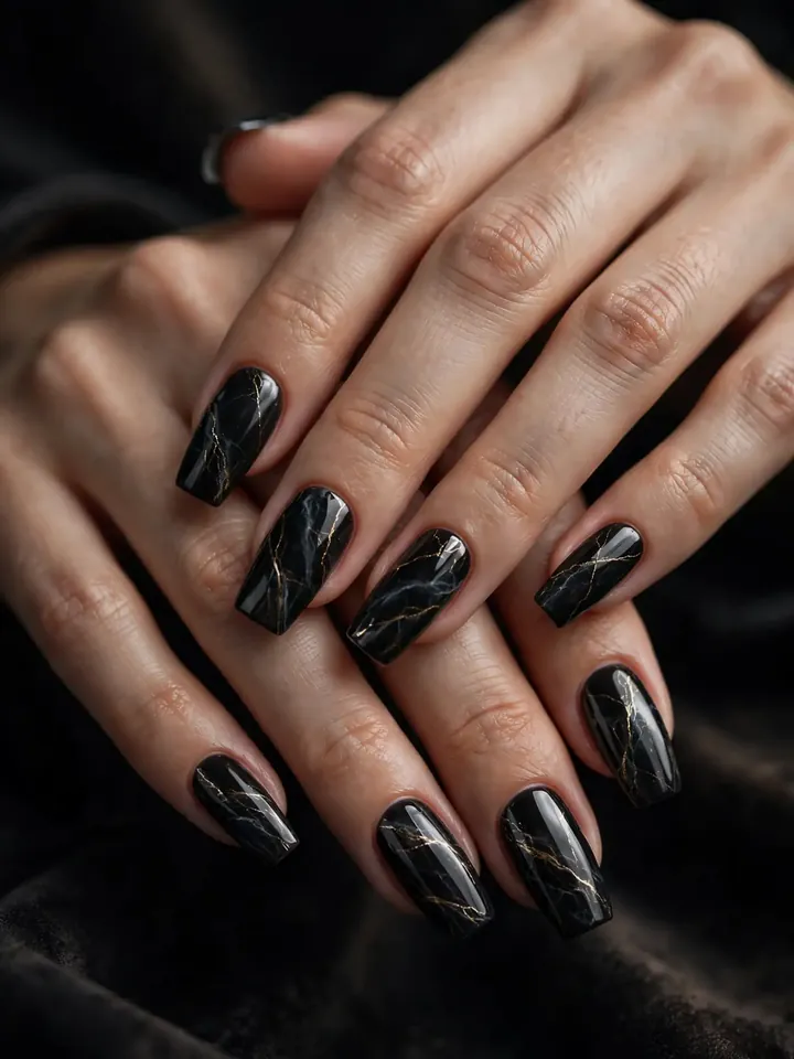 Black marble wedding nails with thin gold veining on coffin nails
