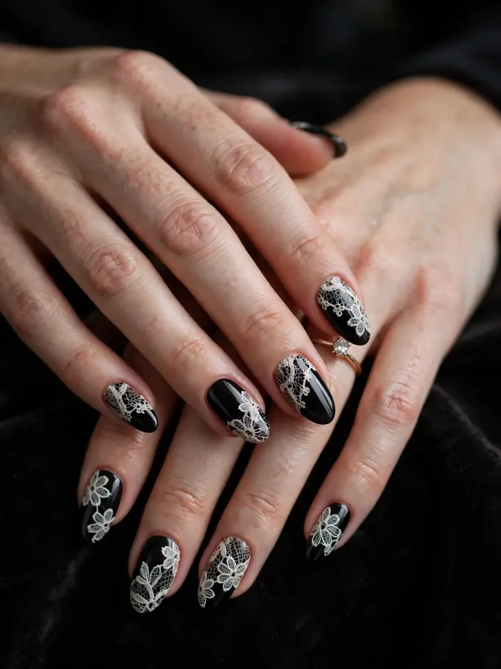 Romantic black lace wedding nails with ivory lace pattern