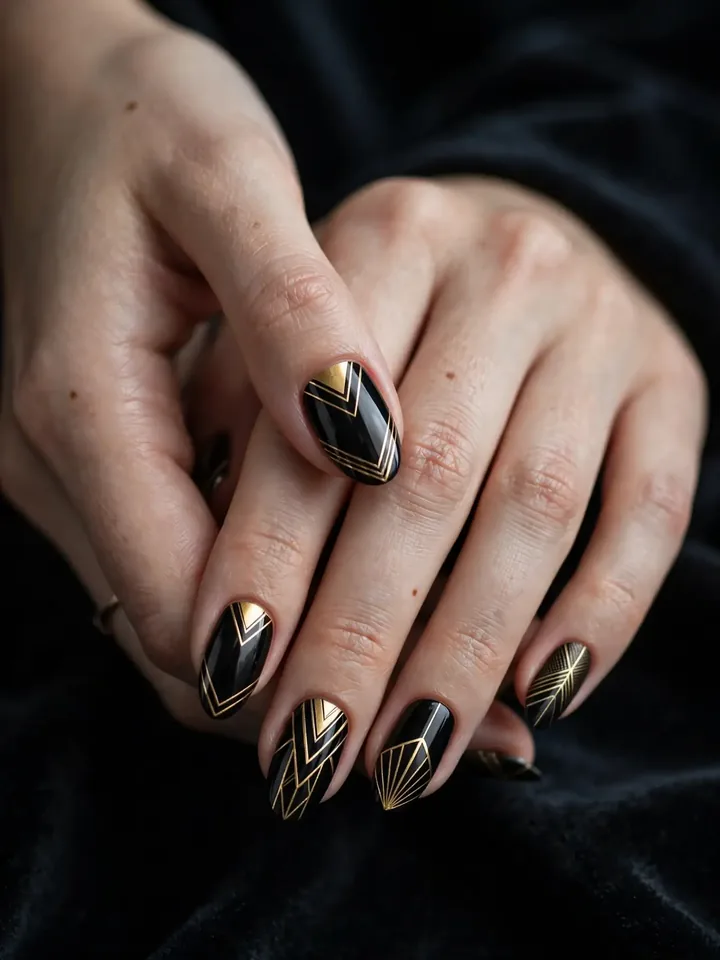 Geometric black and gold wedding nails with art-deco gold lines