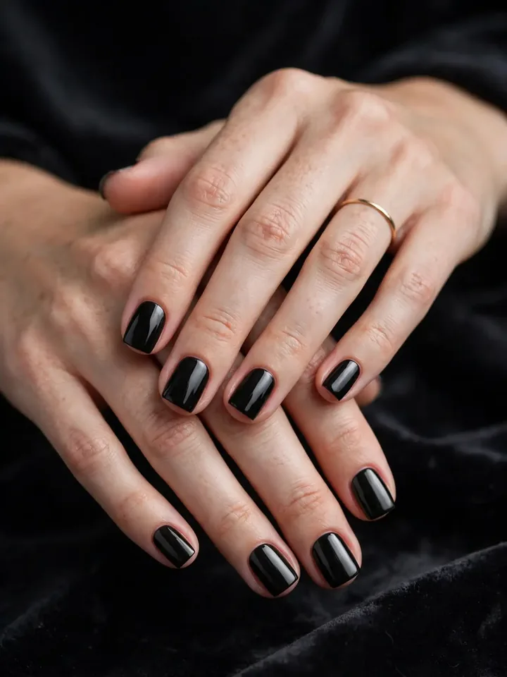 Short square black wedding guest nails in glossy black