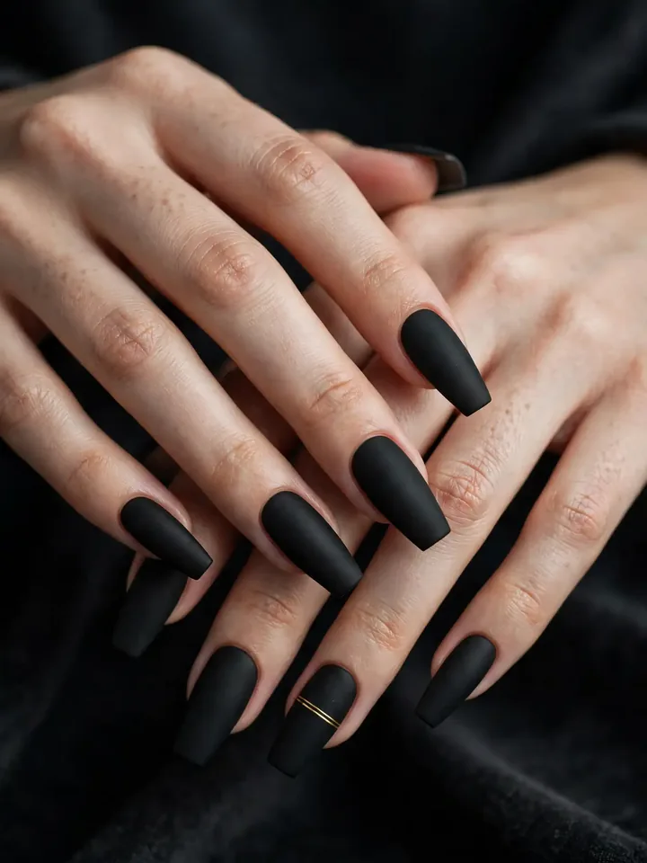 Black coffin wedding nails with thin gold band accent stripes