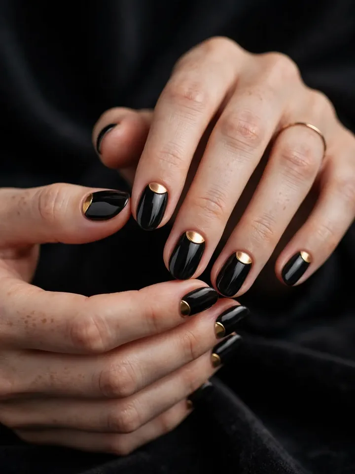 Black half-moon wedding nails with gold crescent accents