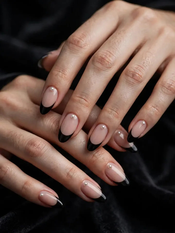 Black French tip wedding nails with tiny pearl accents