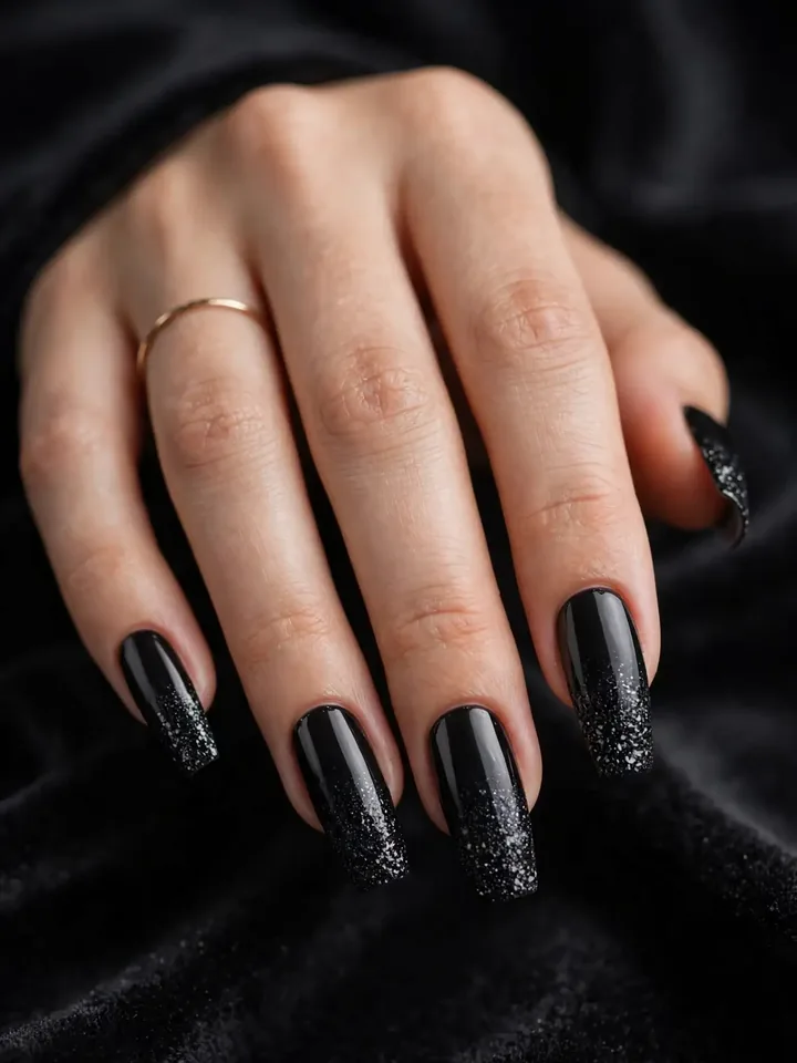 Black glitter gradient black wedding nails fading from tips