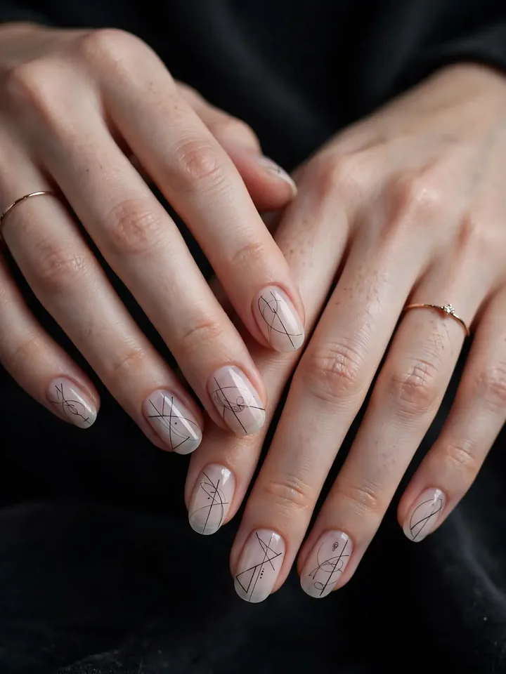 Negative-space black wedding nails with fine black line art