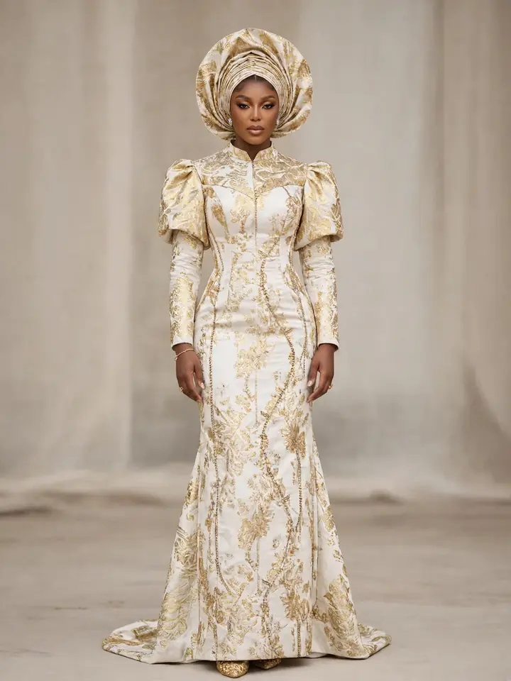 Ivory and gold Asoebi brocade gown style for a bride with woven floral patterns