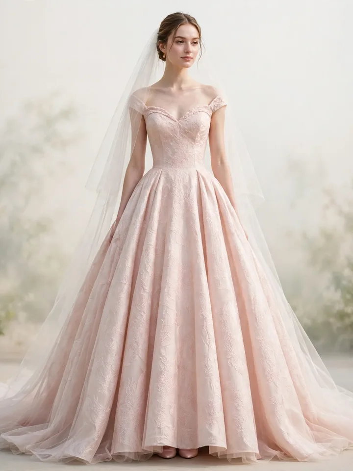 Blush pink brocade ball gown wedding dress style with metallic woven motifs