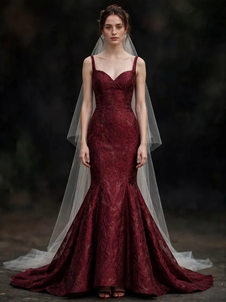 Burgundy brocade mermaid wedding gown style with gold woven pattern