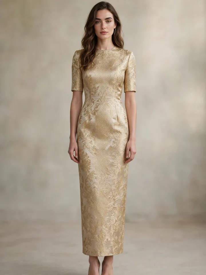 Champagne gold brocade sheath dress style for wedding guests