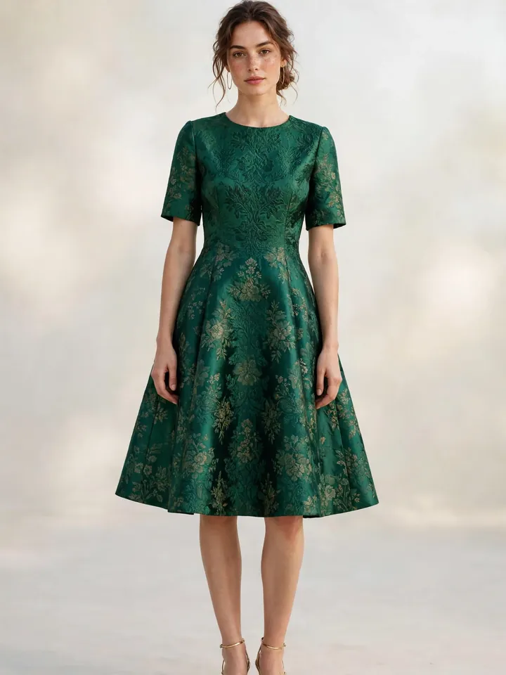 Emerald green brocade A-line dress style for daytime wedding guests