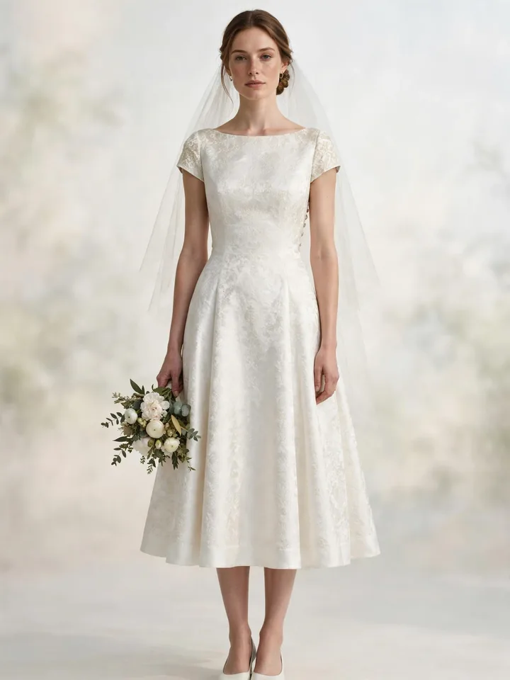 White brocade tea-length wedding dress style for reception or civil ceremony