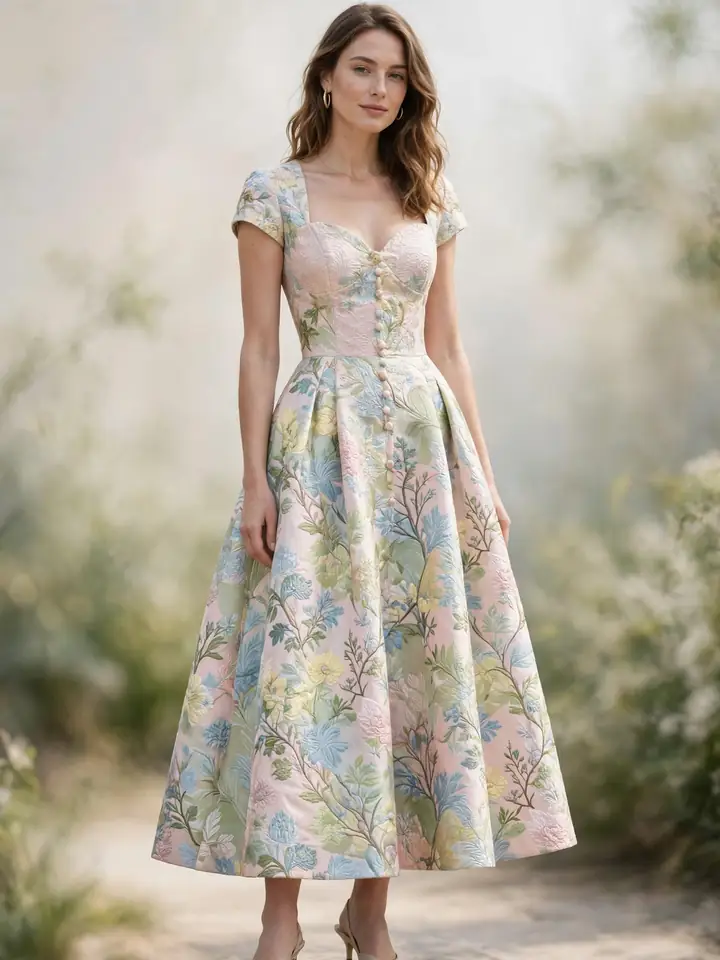 Floral brocade fit-and-flare dress style for spring wedding guests