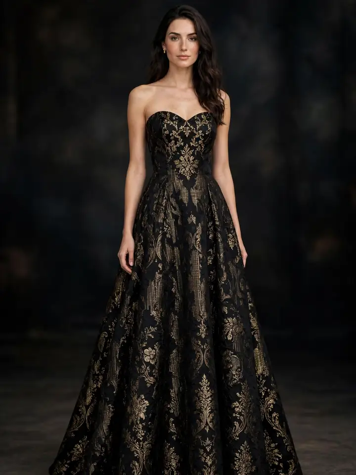 Black and gold brocade evening gown style for formal wedding guests