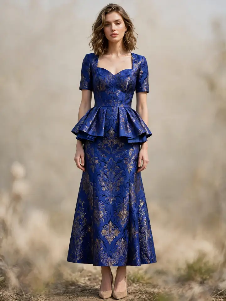 Royal blue brocade peplum dress style for African wedding guests