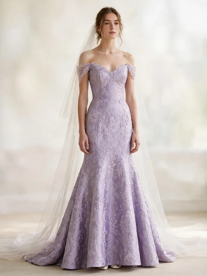 Lavender brocade trumpet wedding gown style with woven floral pattern