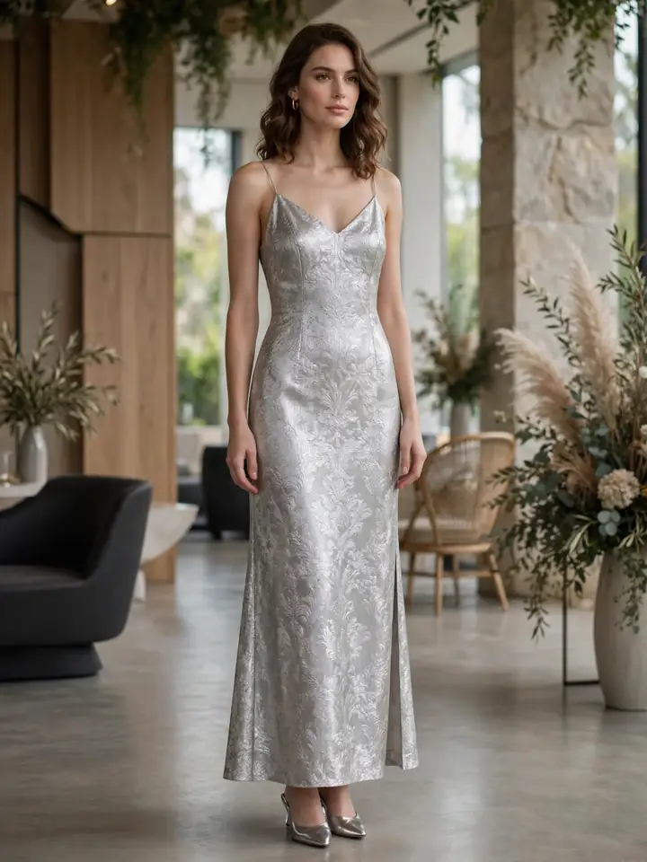 Metallic silver brocade slip dress style for modern wedding guests