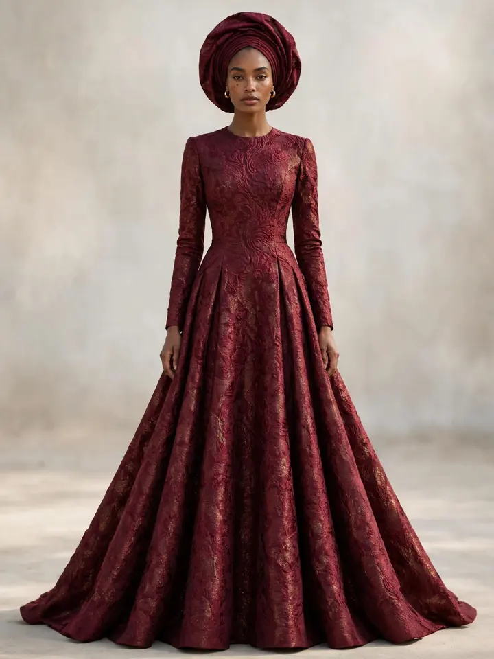 Maroon brocade flared gown Asoebi style for wedding guests with gold motifs