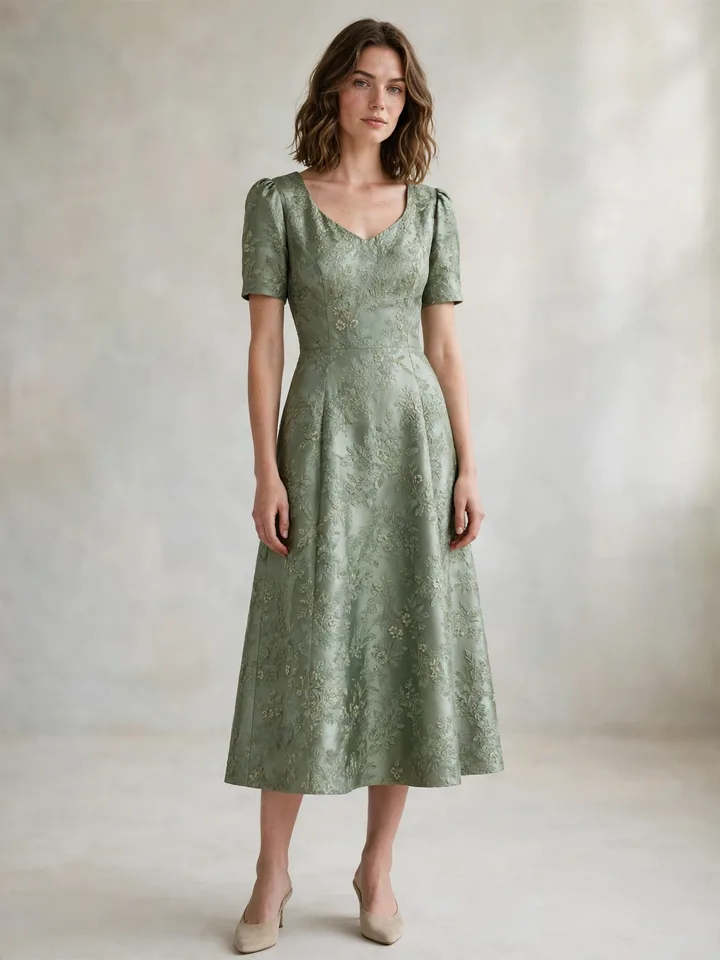 Sage green brocade midi dress style for wedding garden party guests
