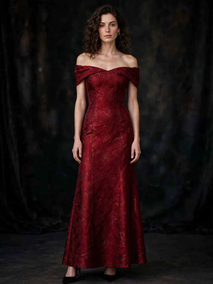 Red brocade off-shoulder dress style for formal wedding evenings