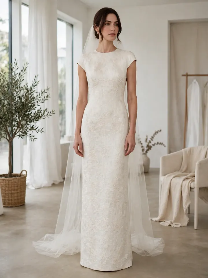 Cream brocade column wedding dress style for minimalist brides