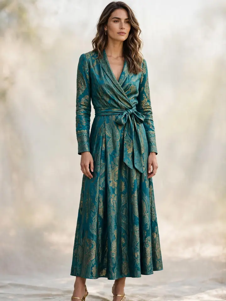 Teal brocade wrap dress style with gold woven accents for wedding guests