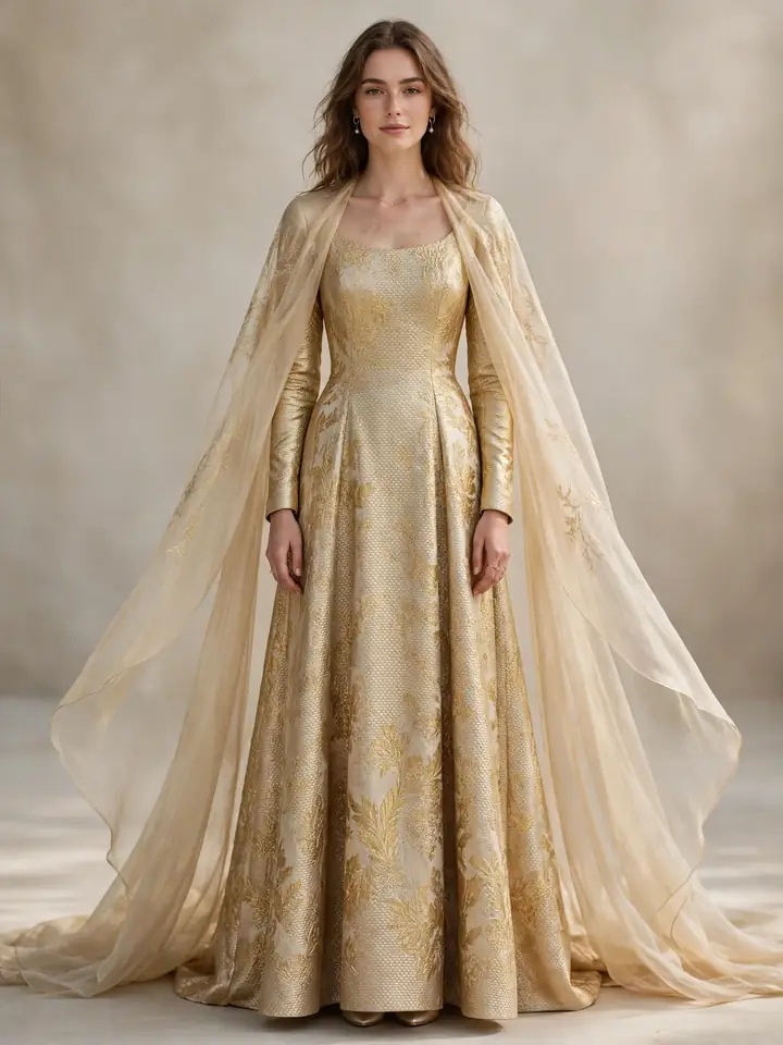 Gold brocade bridal gown with dramatic cape overlay wedding dress style