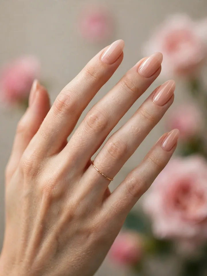 Classy wedding guest nails: sheer nude almond manicure