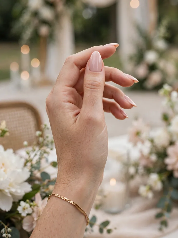 Classy wedding guest nails: soft blush pink almond nails