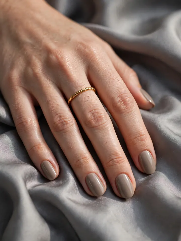 Classy wedding guest nails: taupe greige neutral manicure
