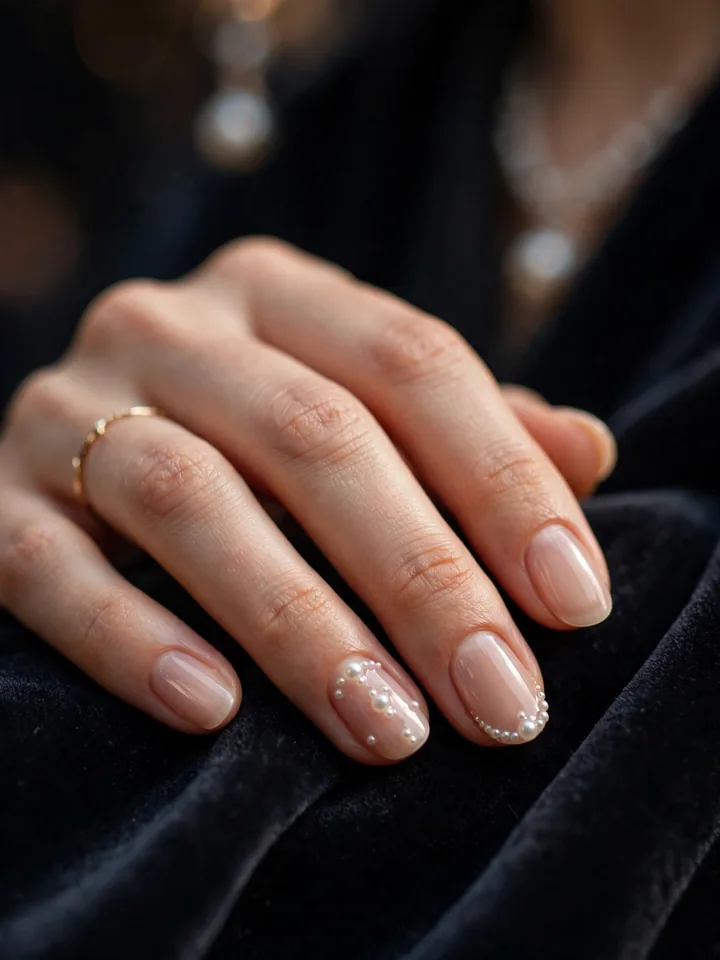 Classy wedding guest nails: sheer nude nails with tiny pearl accents