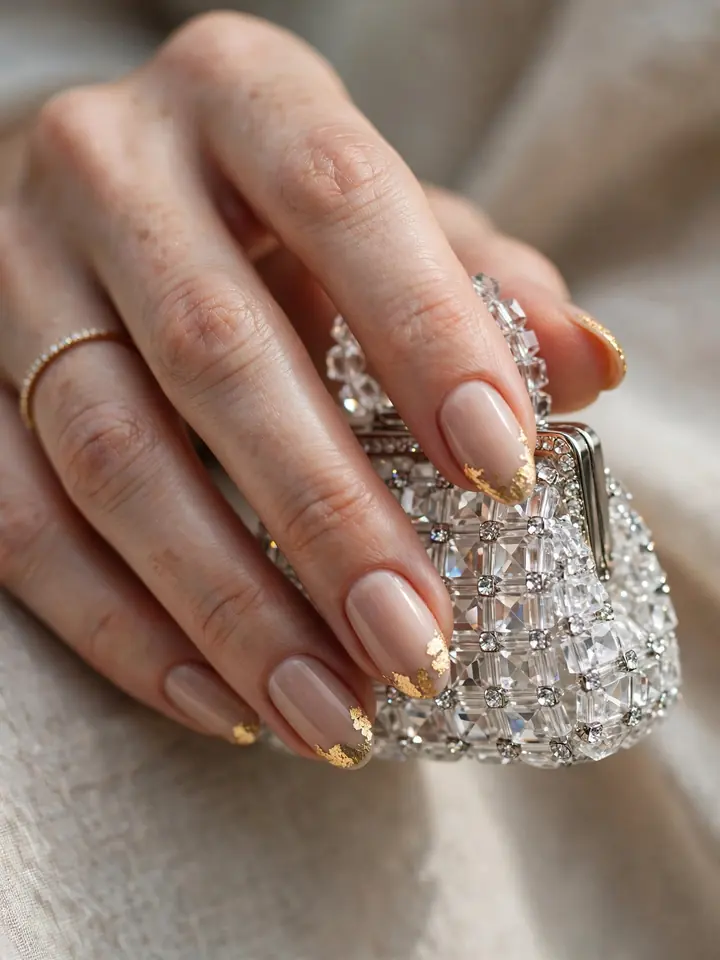 Classy wedding guest nails: nude nails with delicate gold foil tips