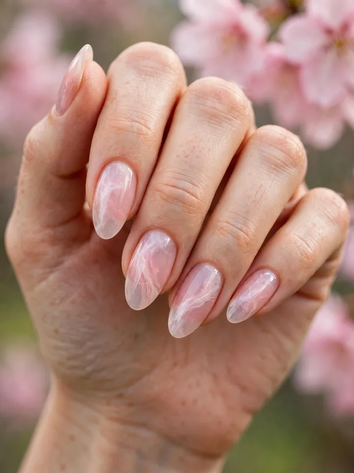 Classy wedding guest nails: rose quartz marble effect nails