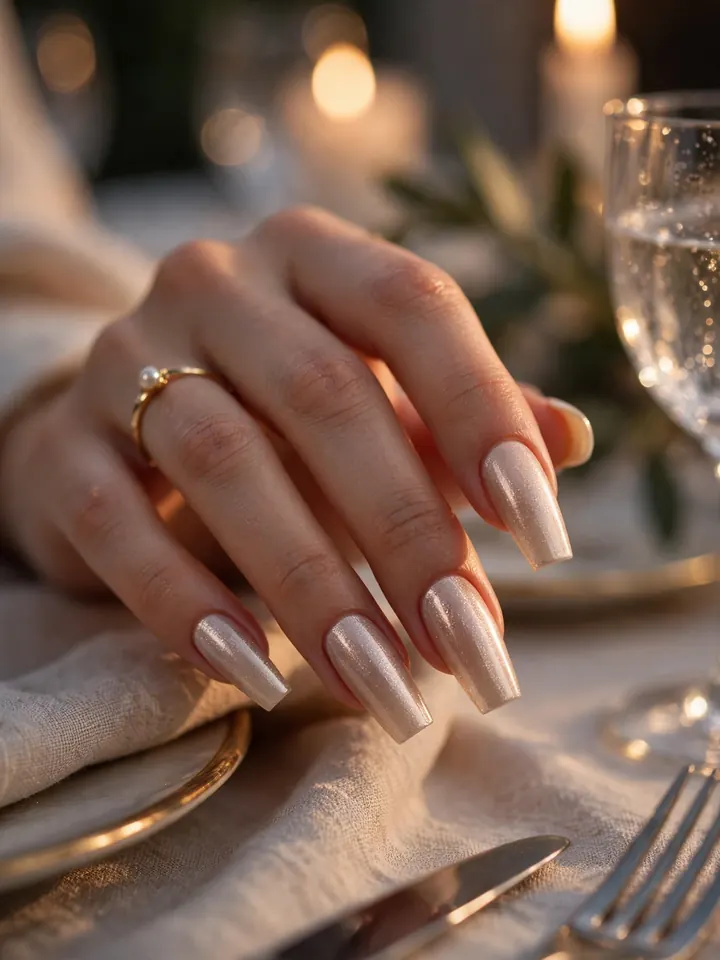 Classy wedding guest nails: champagne shimmer manicure