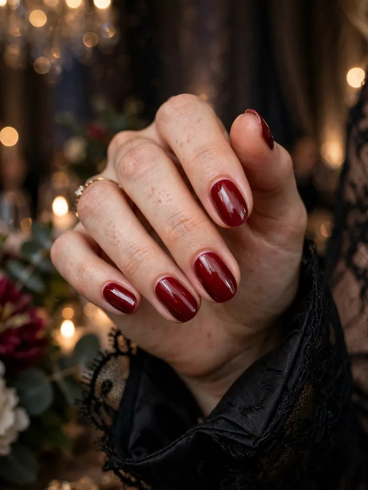 Classy wedding guest nails: deep refined red manicure