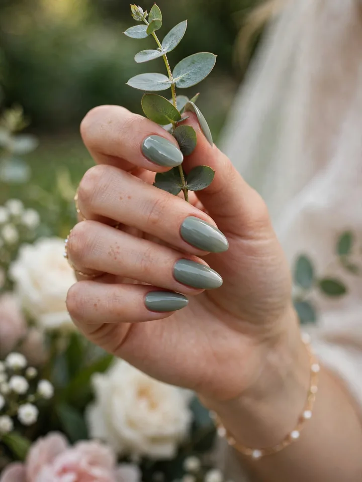 Classy wedding guest nails: muted sage green manicure