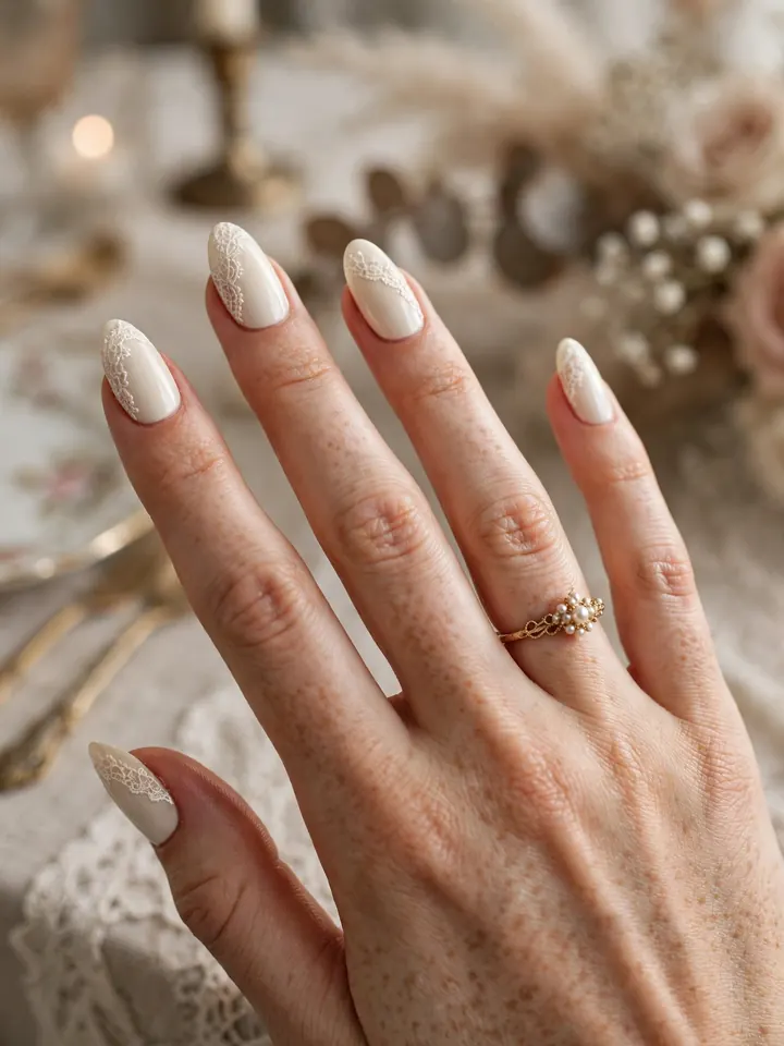 Classy wedding guest nails: ivory nails with delicate lace nail art
