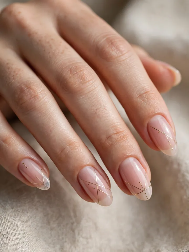 Classy wedding guest nails: fine gold geometric lines on blush nails