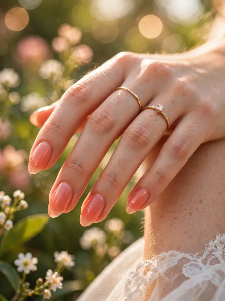 Classy wedding guest nails: sheer coral nails for summer weddings