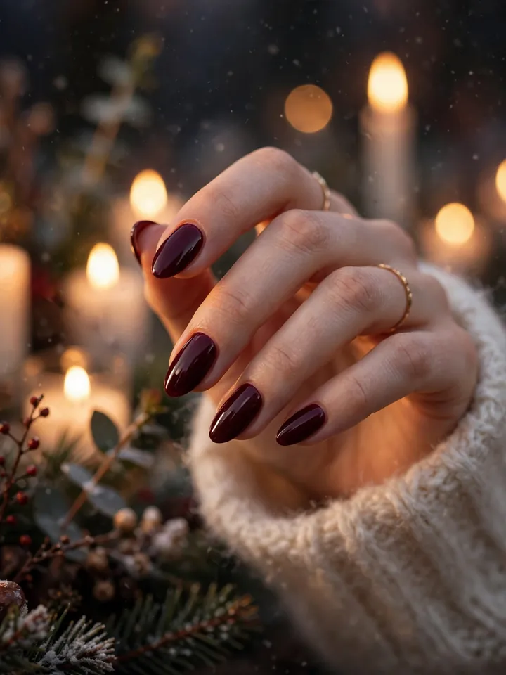 Classy wedding guest nails: rich burgundy nails for winter weddings