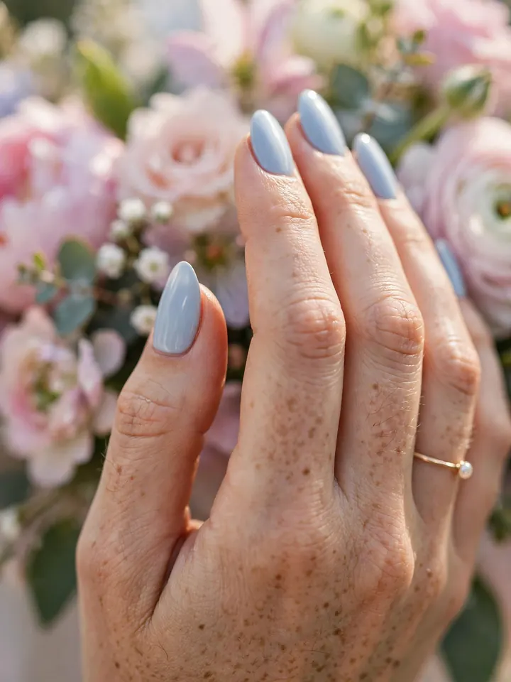 Classy wedding guest nails: powder blue something blue manicure
