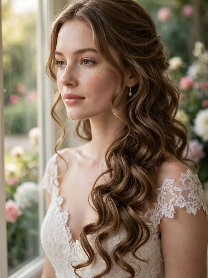 Bridesmaid and bride styling with loose romantic waterfall curls hairstyle for wedding day