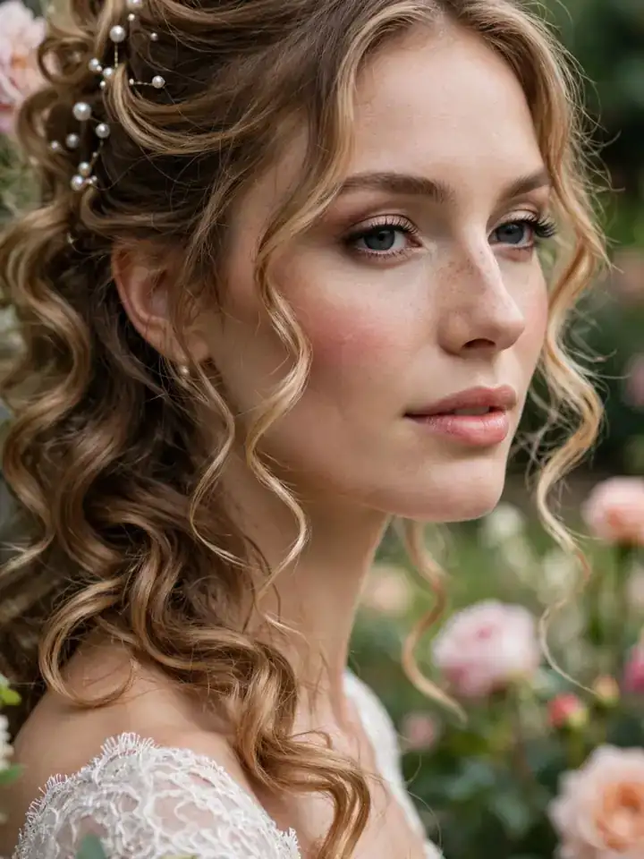 Bride with curled half-up wedding hairstyle and soft face-framing tendrils with pearl pins