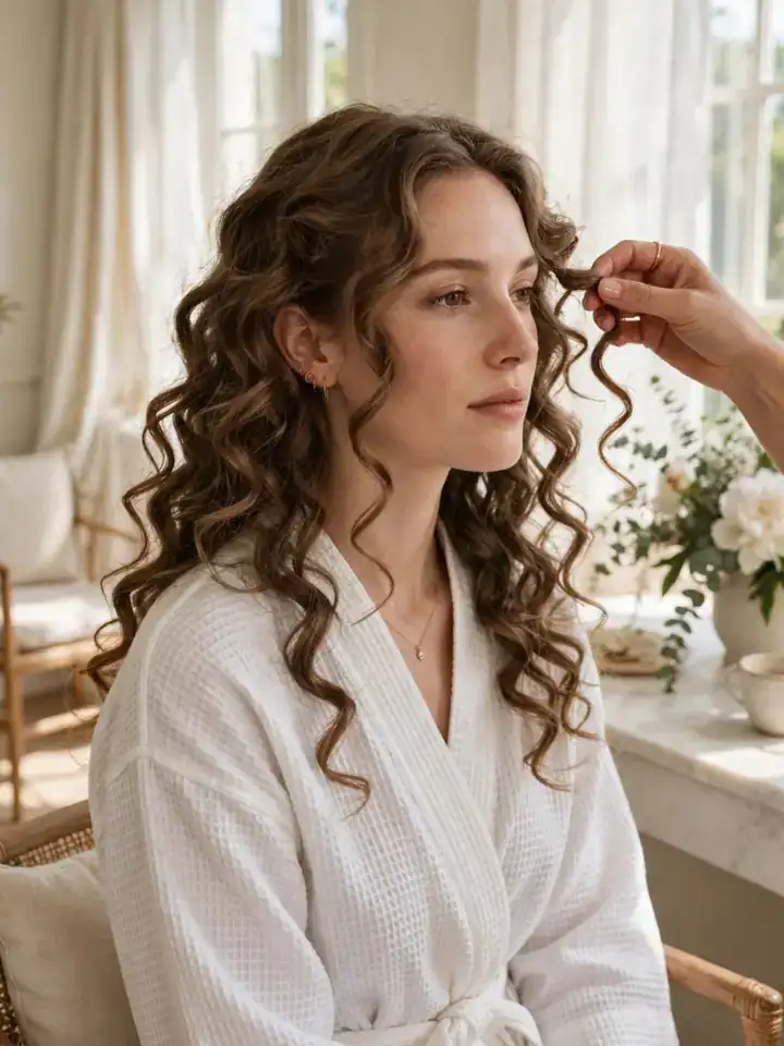 Bride preparing heatless overnight curls hairstyle for wedding morning
