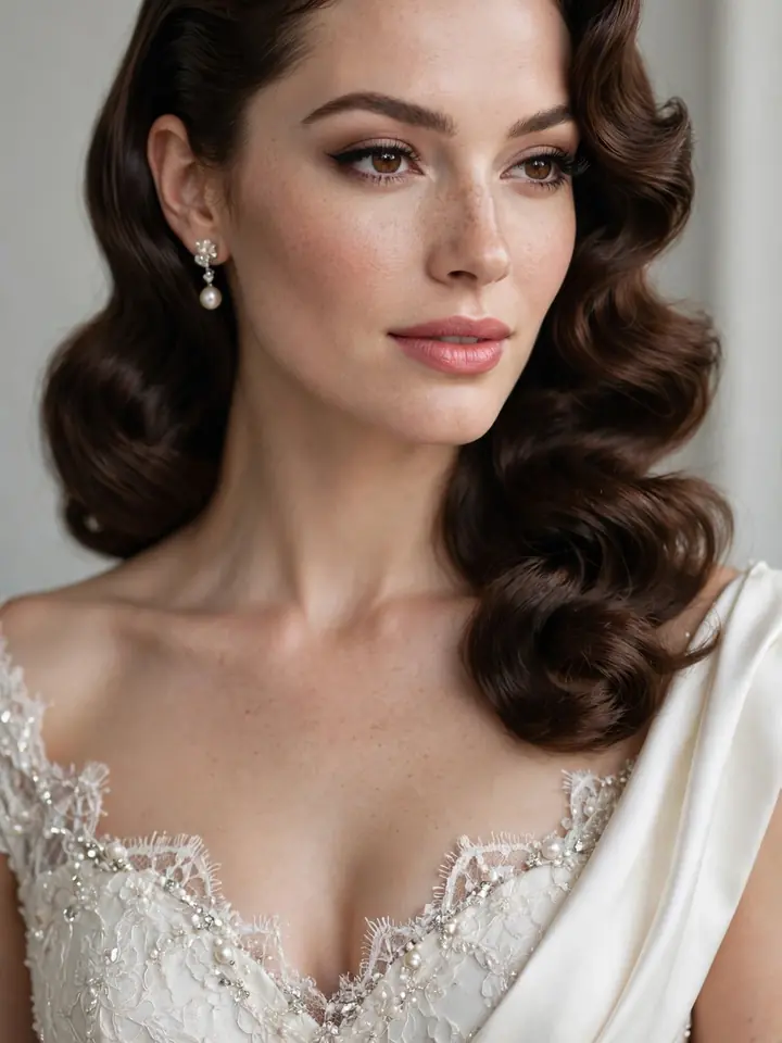Bride with vintage Hollywood glam curls wedding hairstyle and side part