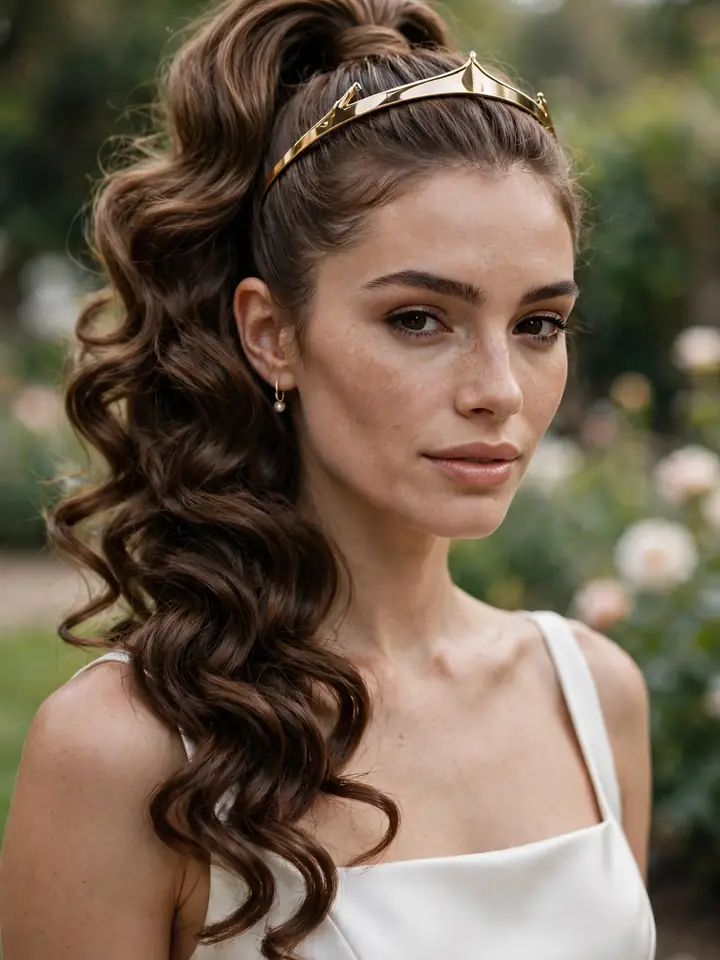 Bride with high curled ponytail wedding hairstyle and glossy curls