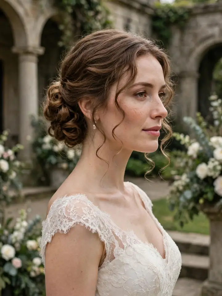 Bride with elegant curled low chignon bun wedding updo